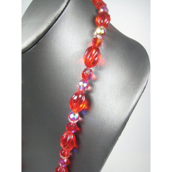 Red Plastic and Glass Beaded Necklace 31 in Vintage Strand Aurora Borealis READ - Picture 11 of 15